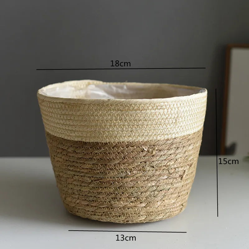 Straw Weaving Plant Pot Basket Grass Planter Cover Indoor Outdoor Flower Container
