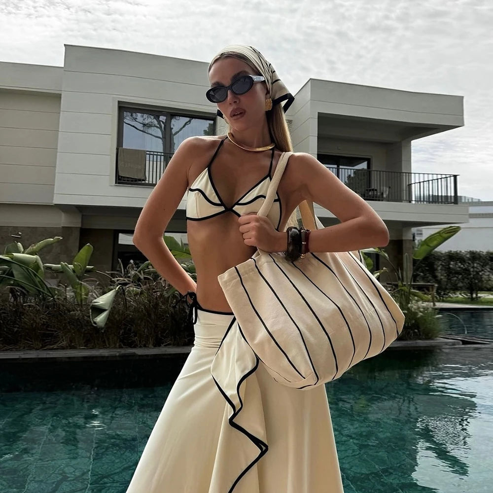 Women 3 Piece Micro Bikini Set with Skirt Cover Up Swimwear Beach Bathing Suit