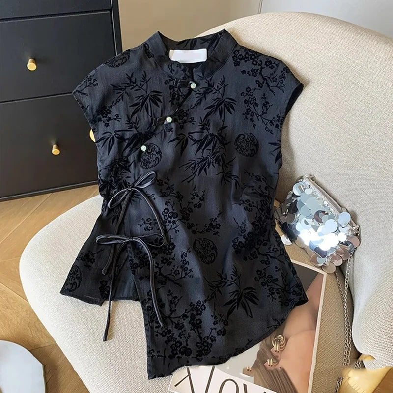 Women Chinese Style Jacquard Cheongsam Top Black Short Sleeve Retro Summer Shirt