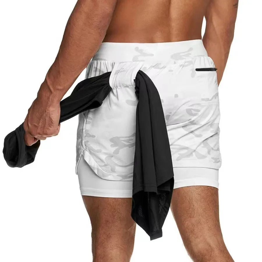 Men 2-in-1 Camo Running Shorts Quick Dry Gym Fitness Training Sports Shorts