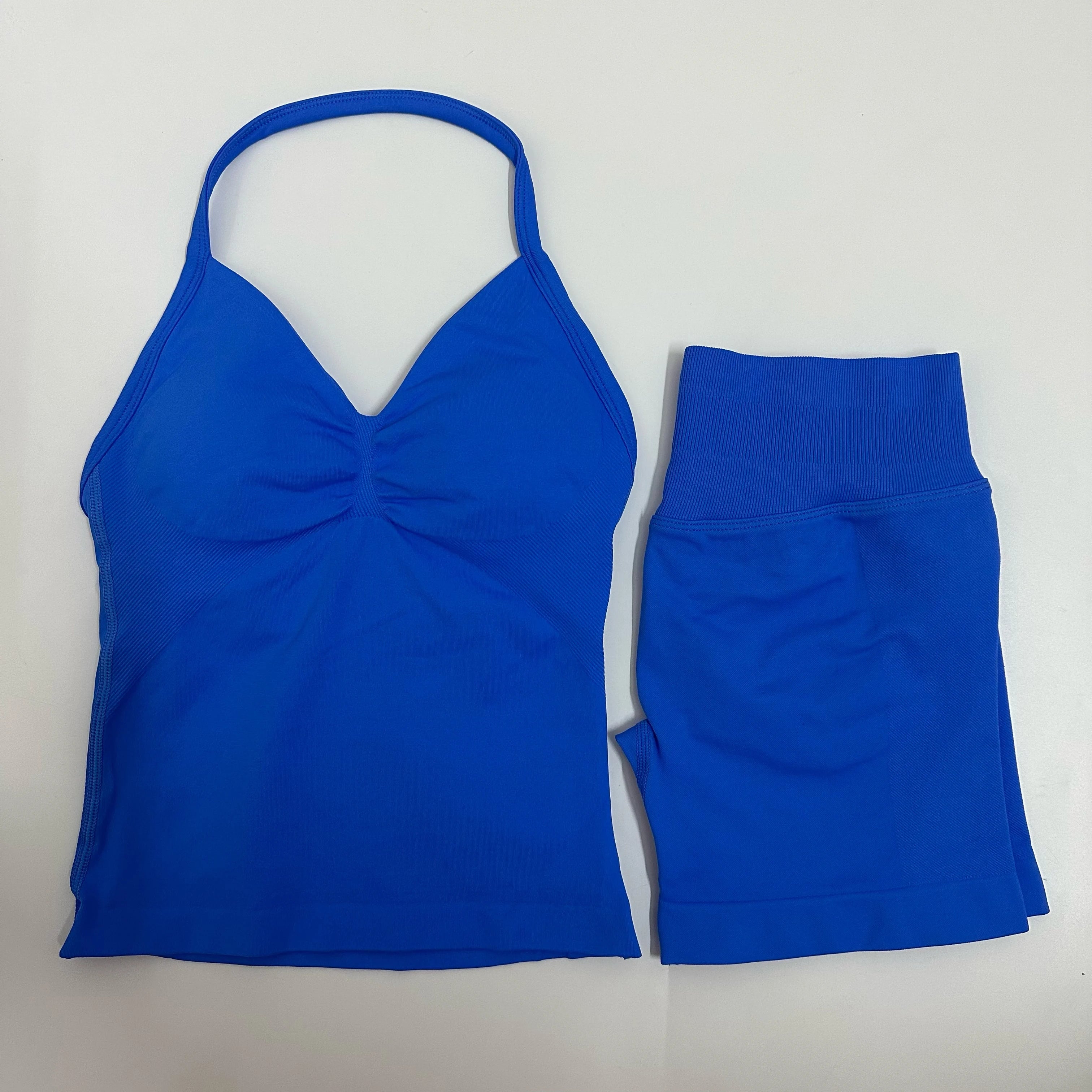 Seamless Yoga Set Women Strappy Tank Top Scrunch Shorts Gym Workout Outfit