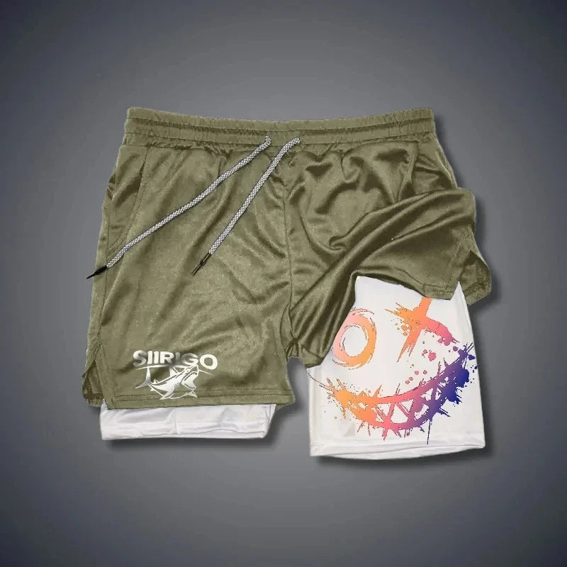 Men 2-in-1 Smiley Print Running Shorts Quick Dry Double Layer Fitness Training Sports Shorts