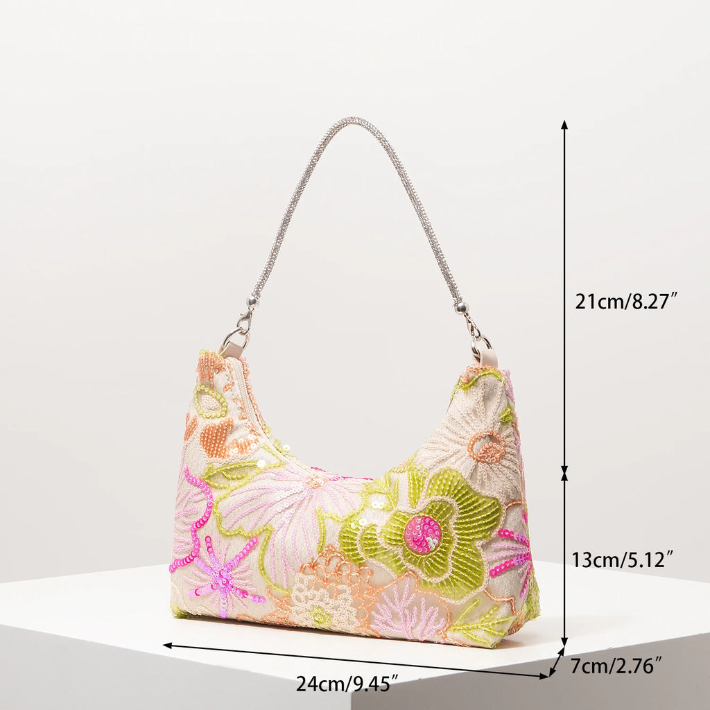Floral Sequin Shoulder Bag Elegant Party Handbag