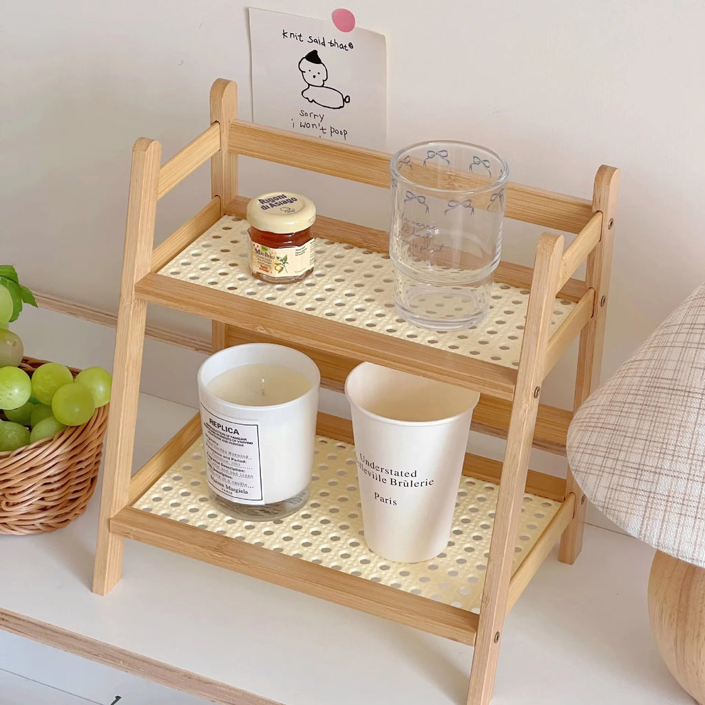 2 Tier Bamboo Countertop Organizer Coffee Cup Holder Multipurpose Storage Shelf