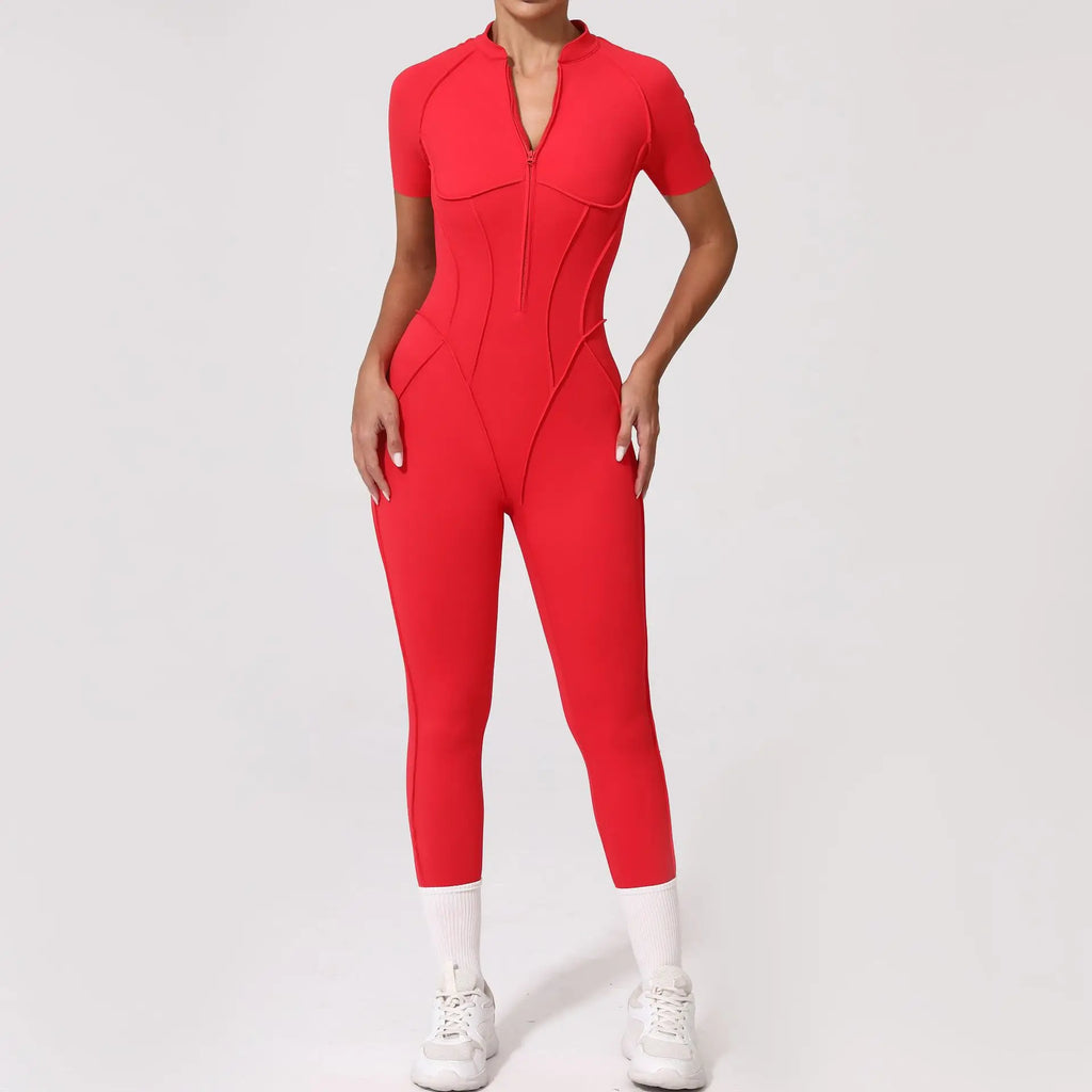 Women Zip Gym Jumpsuit Open Back Yoga Fitness Tracksuit Sports Bodysuit