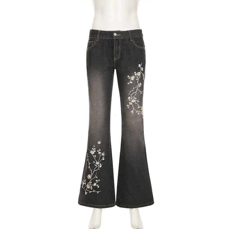 Y2K Floral Embroidery Flared Jeans Low Rise Baggy Denim Pants