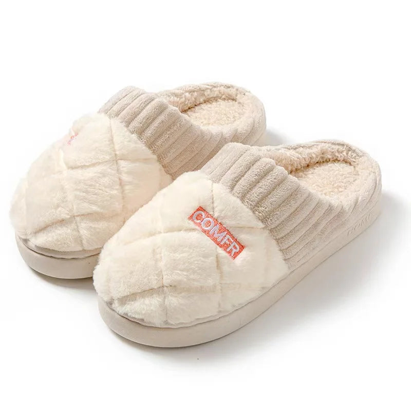 Quilted Plush Slippers Women Cozy Winter Soft Indoor Anti Slip House Shoes