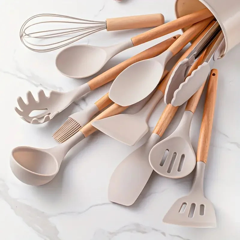 12pcs Silicone Kitchen Utensil Set Wooden Handle Heat Resistant Non Stick Tools
