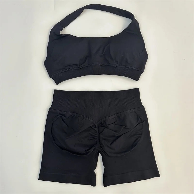 Seamless Yoga Set Halter Sports Bra Scrunch Shorts Gym Workout Fitness Set