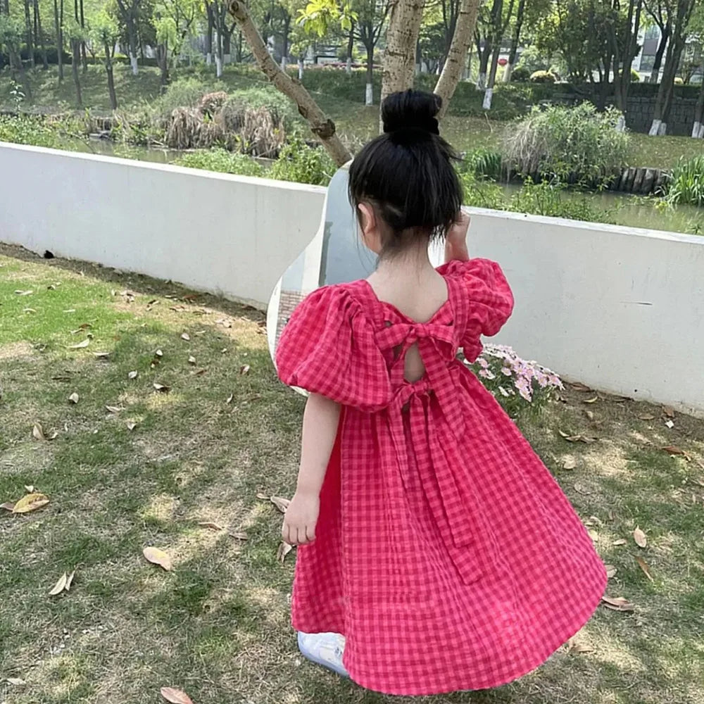 Girls Rose Pink Plaid Bow Midi Dress Princess Party Sundress