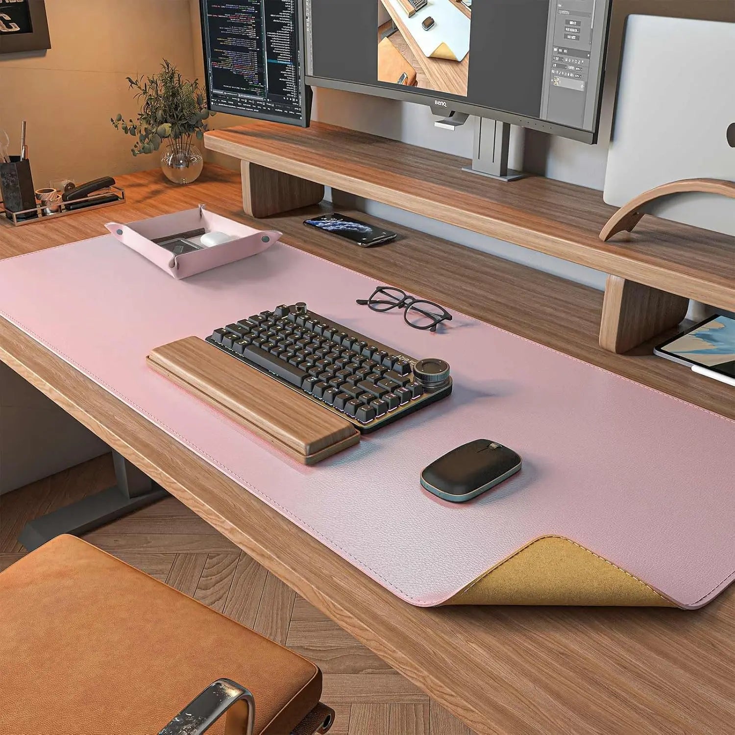 Dual Sided Leather Cork Desk Mat Large Mouse Pad for Office Home