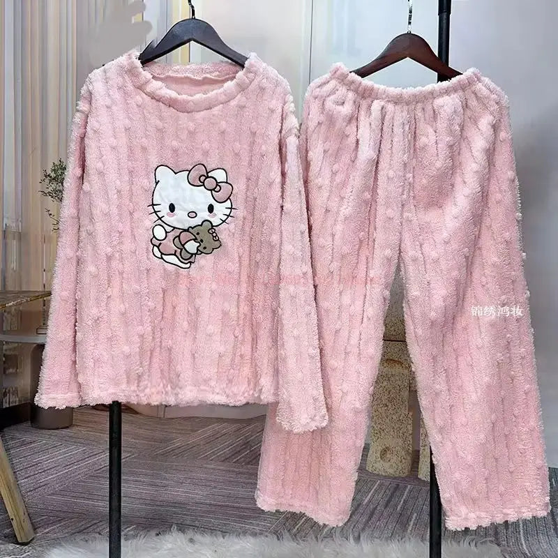 Women’s Cute Cat Cartoon Coral Velvet Pajama Pants Warm Winter Flannel Loungewear