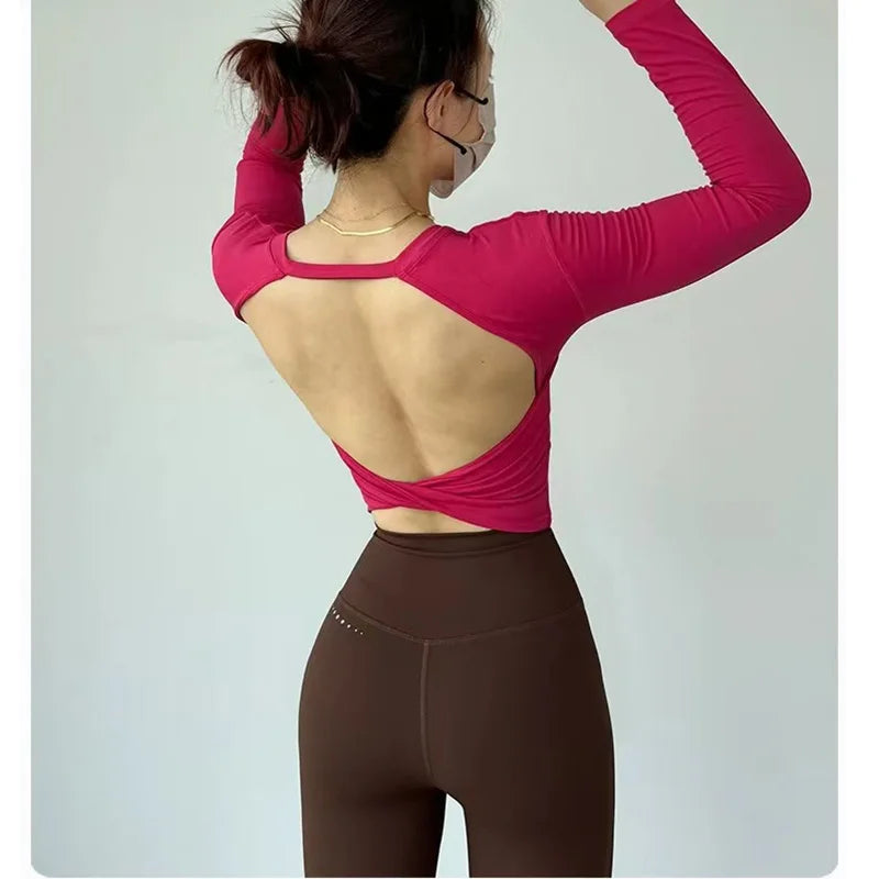 Women Yoga Long Sleeve Crop Top Backless Slim Fit Waist Cinch Fitness Shirt