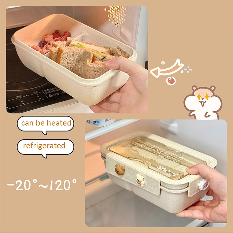1100ml Lunch Box Bento Box with Spoon & Chopsticks Microwave Safe Wheat Straw Food Container for Kids Adults School Office