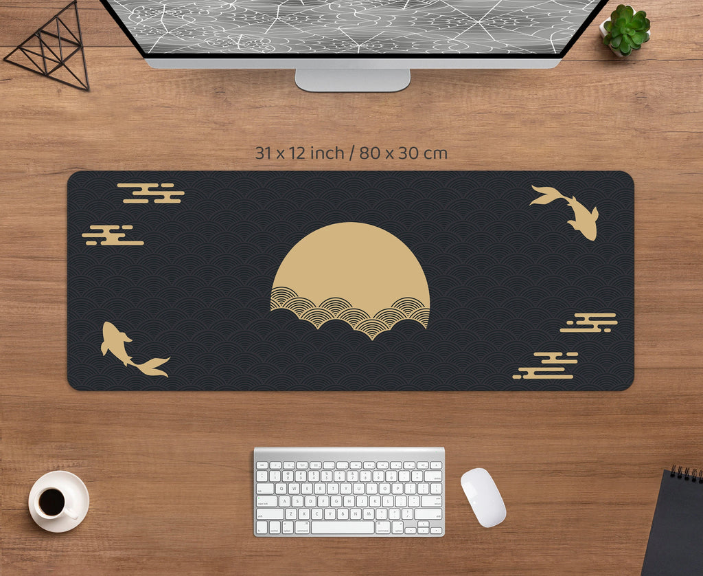 Fish Desk Mat Black Gold XXL Mouse Pad Gaming Desk Mat Sunrise Art