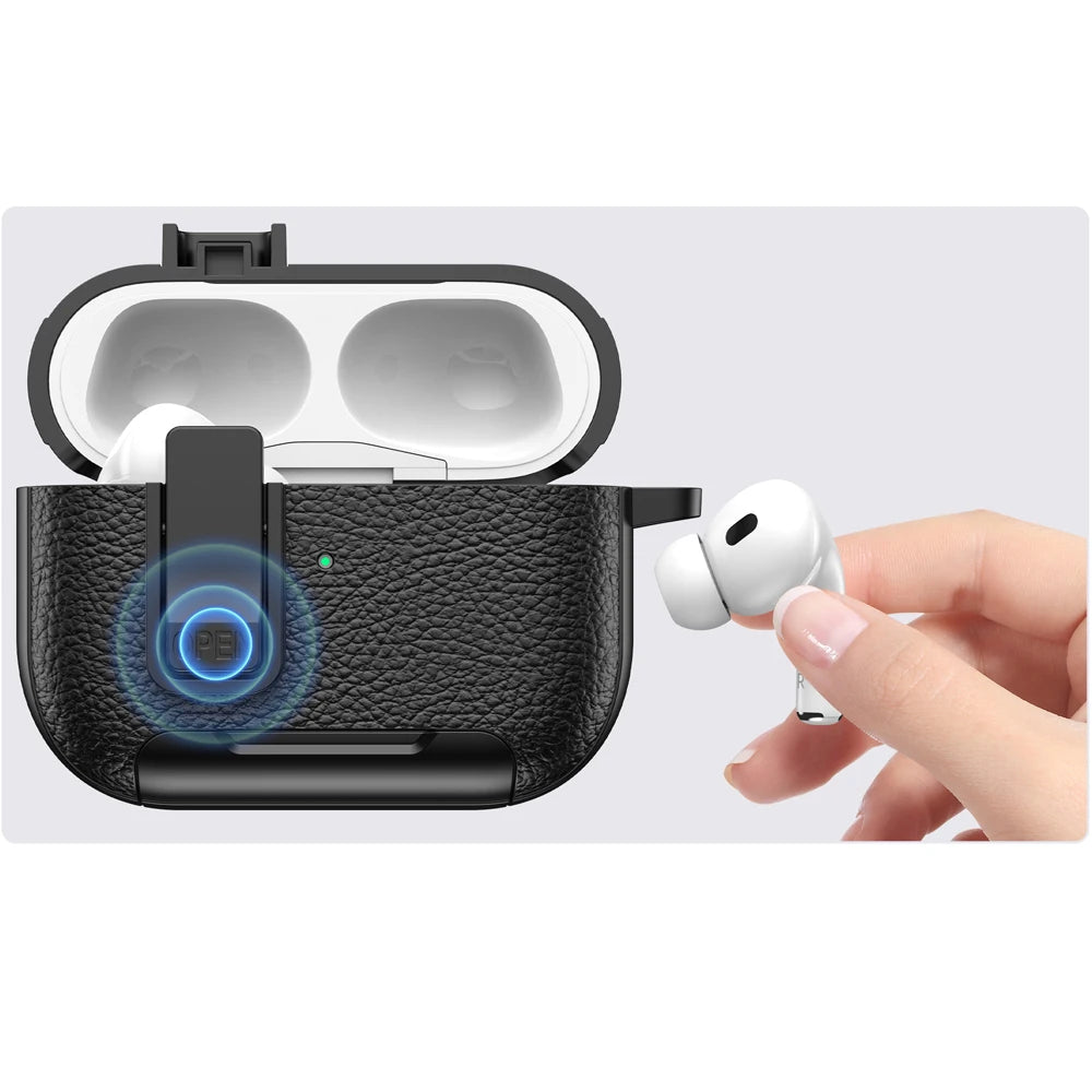 AirPods Pro 3 Case with Lock & Stand Leather Texture Shockproof Protective Cover Keychain Sleeve