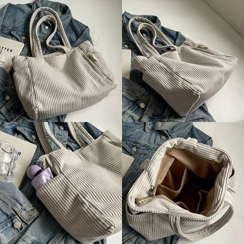 Corduroy Shoulder Handbag Large Capacity Zipper Casual Daily Tote Bag