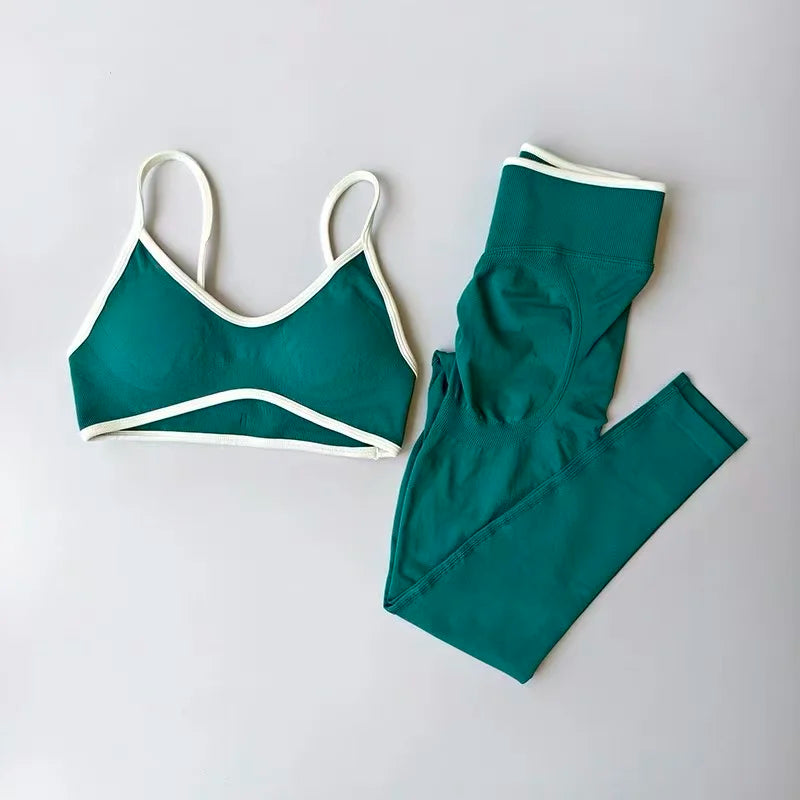 Women Strappy Sports Set Contrast Yoga Suit Shockproof Quick Dry Fitness Pants