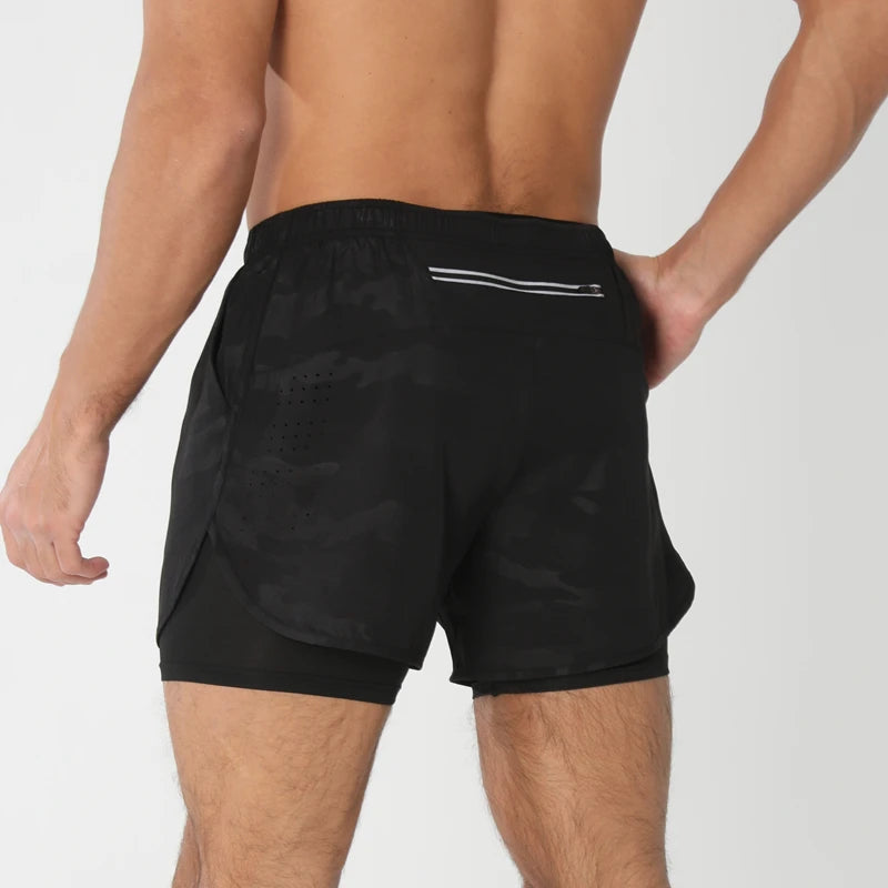 Men 2-in-1 Double Layer Running Shorts Quick Dry Gym Fitness Training Shorts