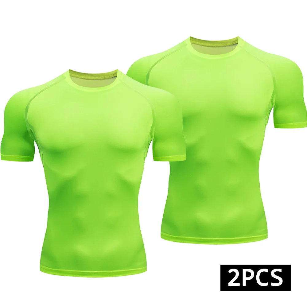 Men 2 Piece Compression T Shirt Set Quick Dry Running Gym Fitness Sport Tops
