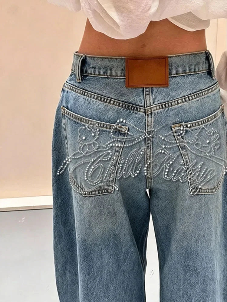 Women Y2K Gradient Blue Jeans Retro Letter Print High Waist Denim Pants 2025