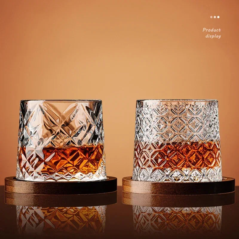 Crystal Whiskey Tumbler Rotating Spinning Glass with Base for Bar Home