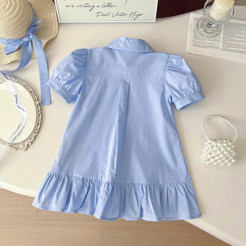 Girls Rabbit Puff Sleeve Cotton Dress Summer Turn Down Collar Princess Outfit