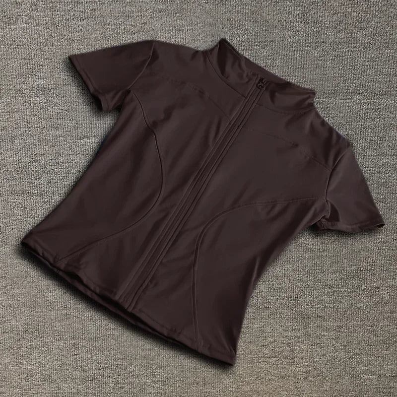 Women’s Slim Fit Full Zip Yoga Shirt Quick Dry Short Sleeve Training Top