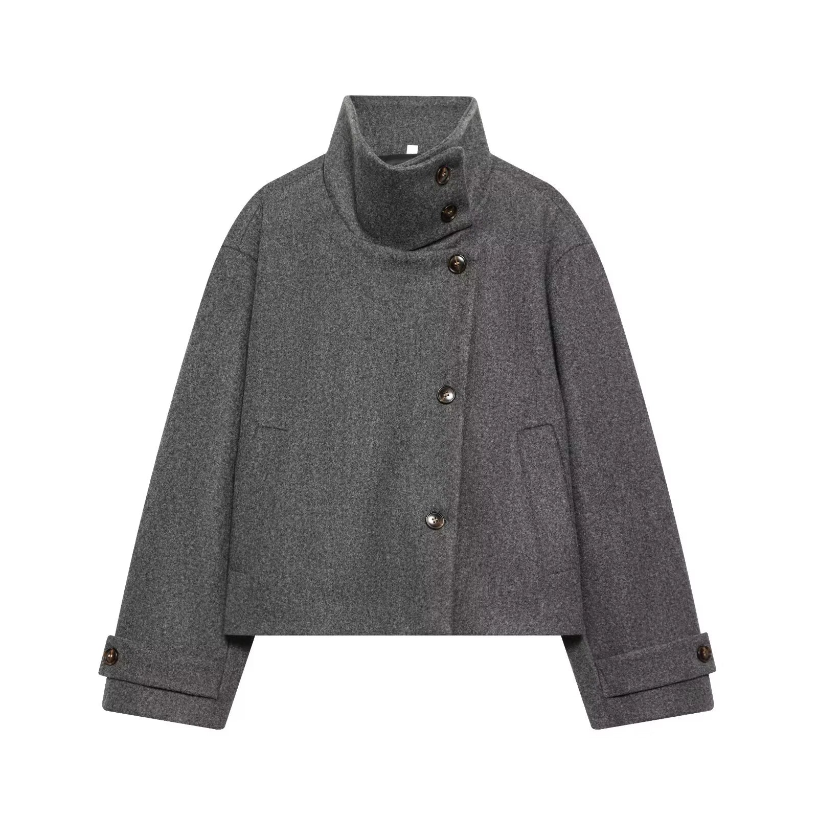 Women Loose Fit Stand Collar Coat Long Sleeve Buckle Casual Winter Jacket