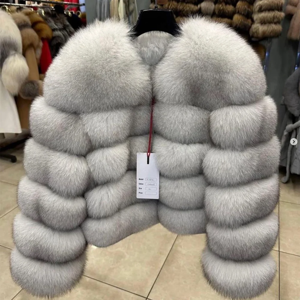 Women Real Fox Fur Winter Coat Brown Leather Jacket