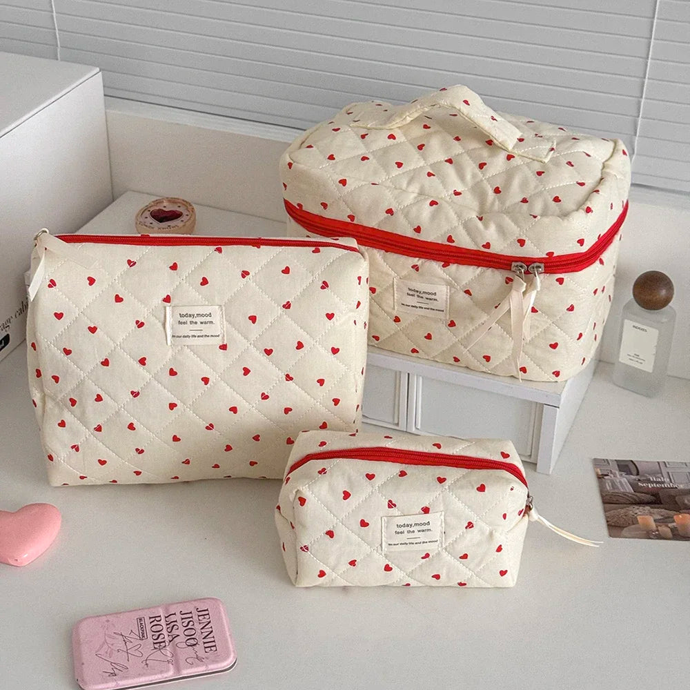 Pink Strawberry Quilted Cosmetic Travel Makeup Storage Bag
