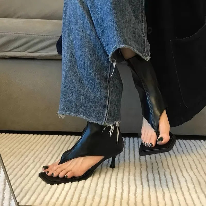 Women Square Toe Stiletto Heel Sandals Herringbone Clip Summer Bootie Style Shoes