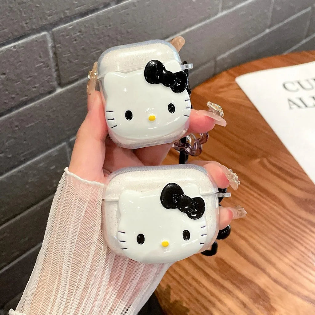 Cute Pink Hello Kitty Cat AirPods Pro Cartoon Protective Case with Keychain
