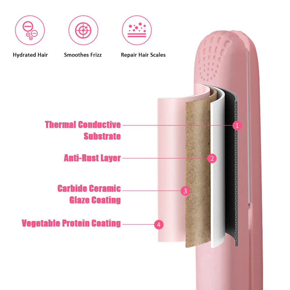 Pink Ceramic Flat Iron Hair Straightener Floating Plates Quick Heat Salon Curler Wand
