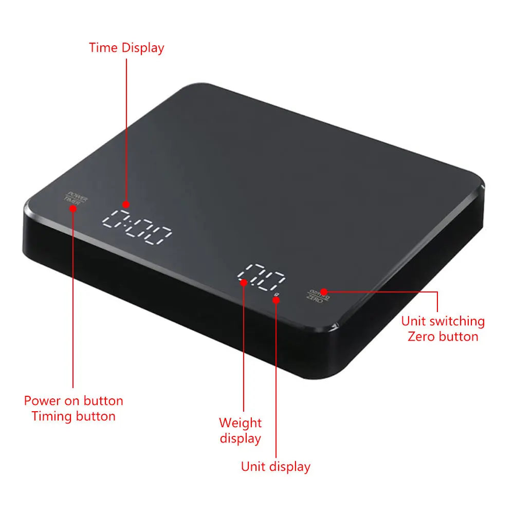 Digital Coffee Scale with Timer LED USB 3kg 0.1g High Precision Multi Unit