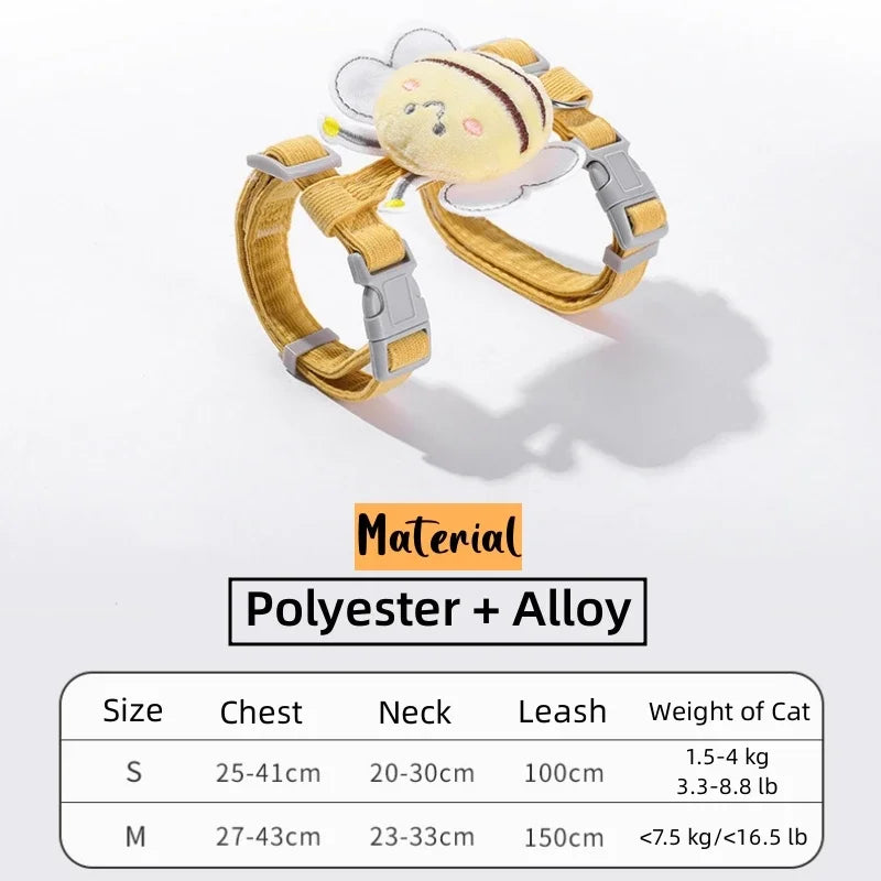 Cat Harness and Leash Set Adjustable Cartoon Bee Design for Small Pets