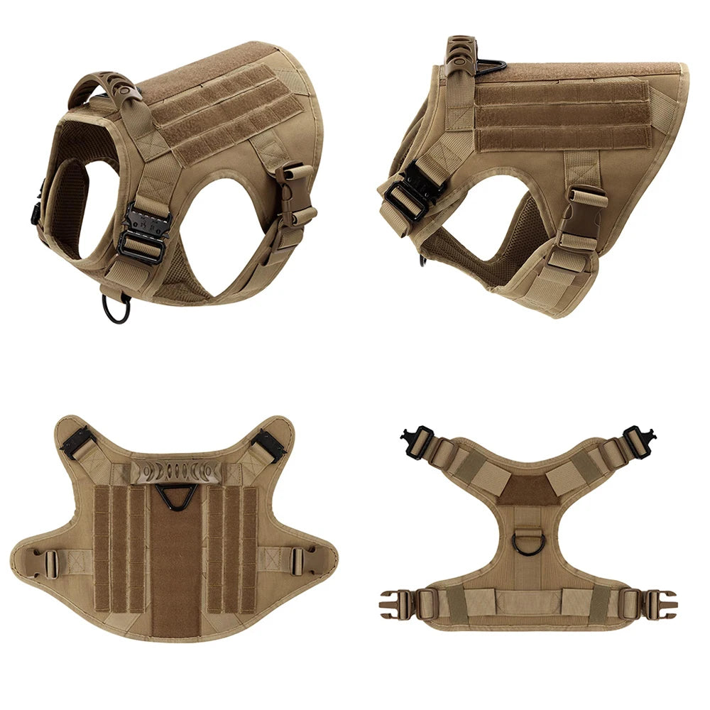 Large Dog Harness Collar Leash Set with Molle Pouches for Training Walking