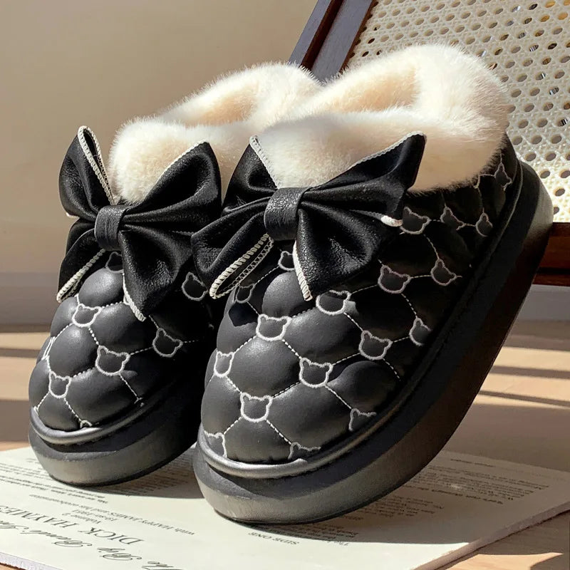 Women Winter Platform Ankle Boots Fluffy Indoor Slippers Bow Warm House Shoes