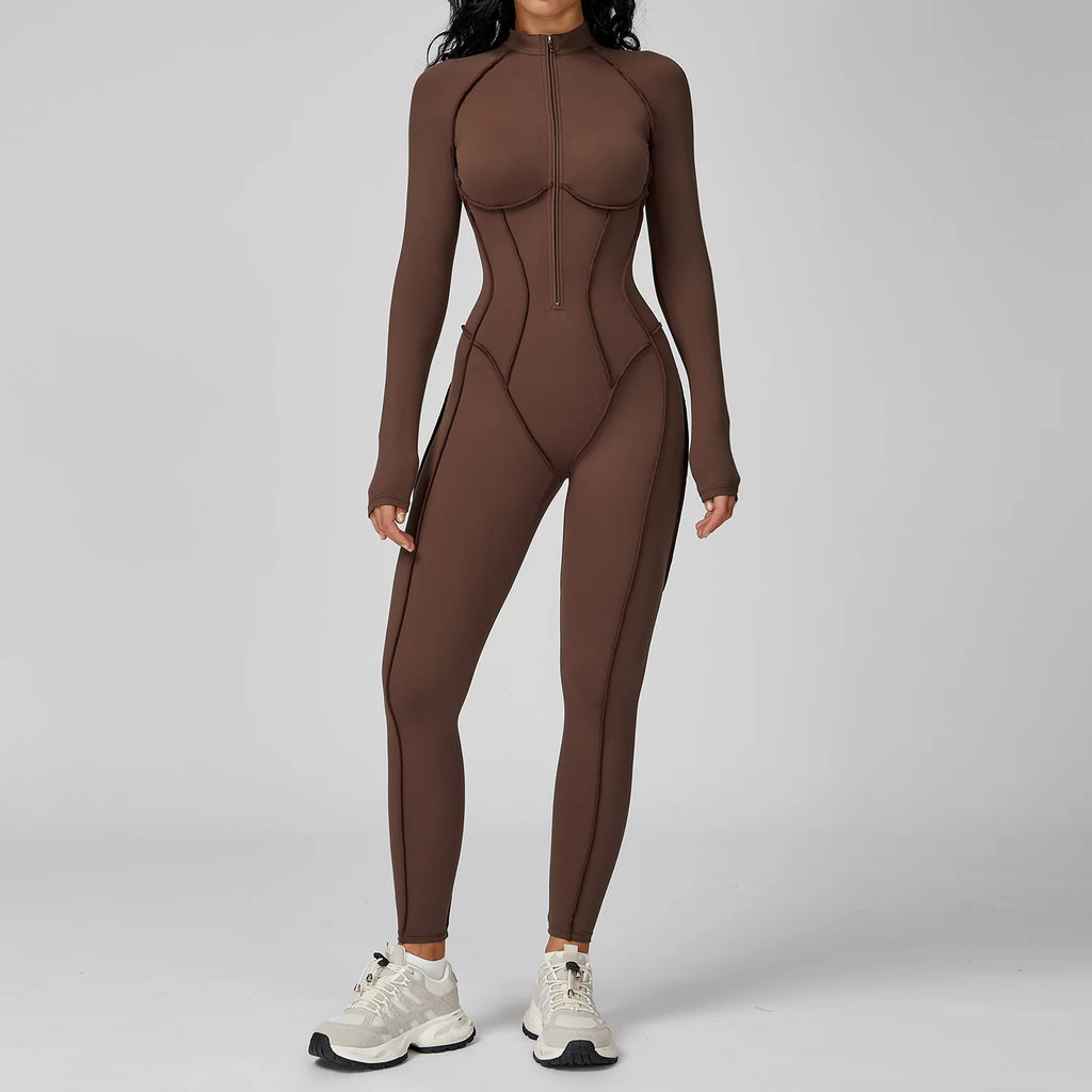 Women Long Sleeve Zip Front Fitness Jumpsuit Body Shaping One Piece Workout Suit