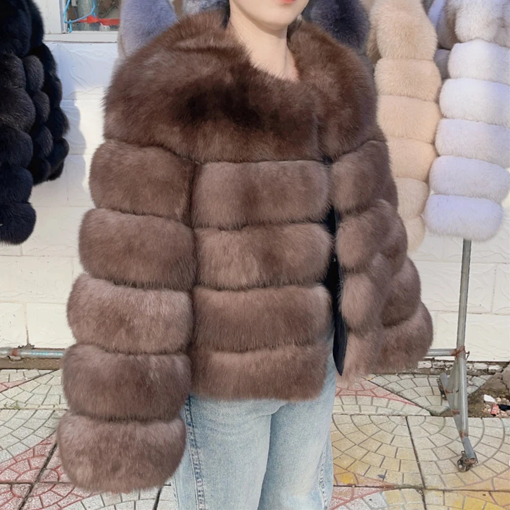 Women Real Fox Fur Winter Coat Brown Leather Jacket