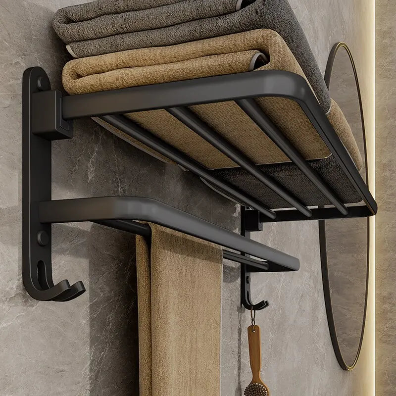 Matte Black Folding Towel Rack Wall Mount Aluminum Holder with Hook 50cm