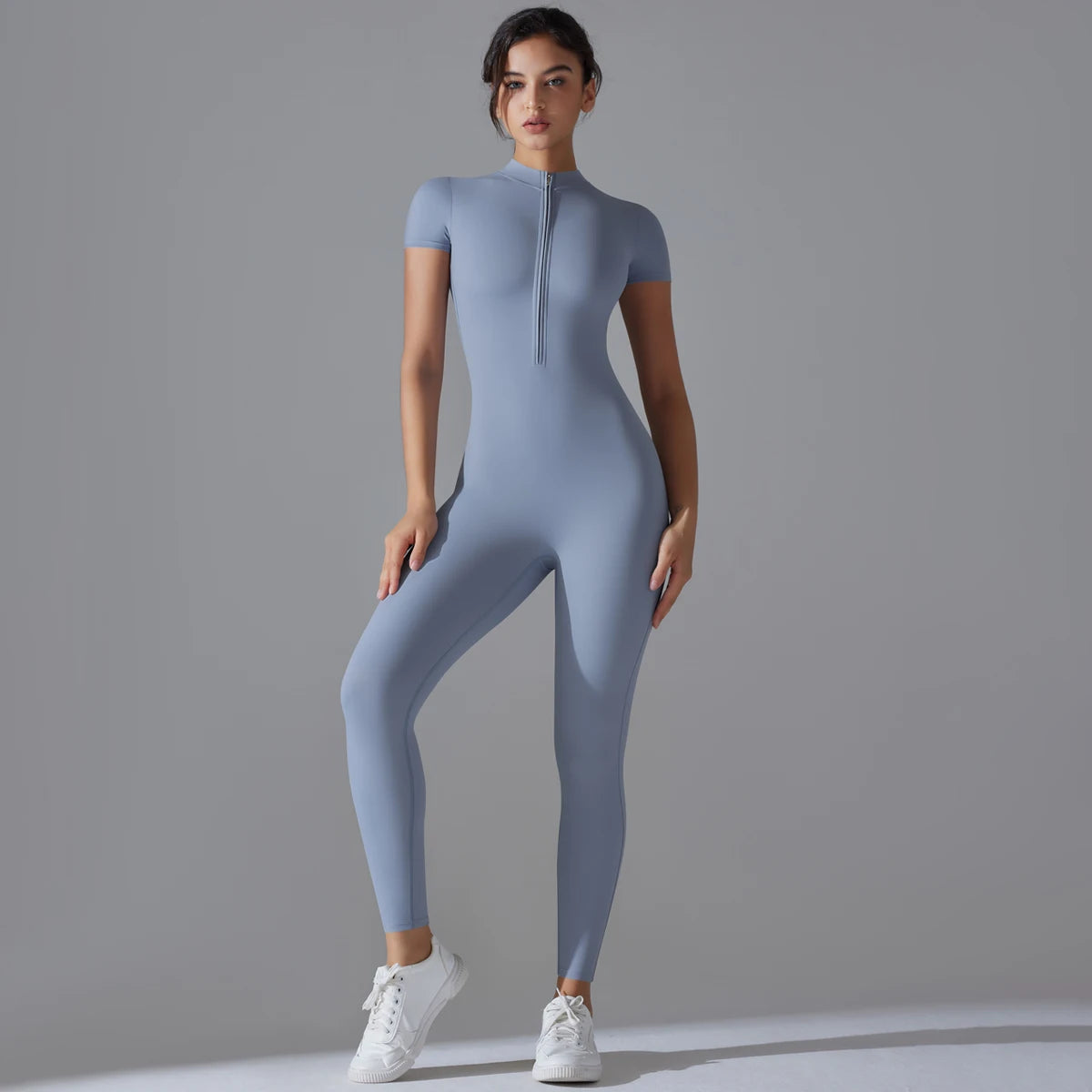 Full Body Gym Jumpsuit Women Short Sleeve Zip Seamless Bodysuit Fitness One Piece Outfit