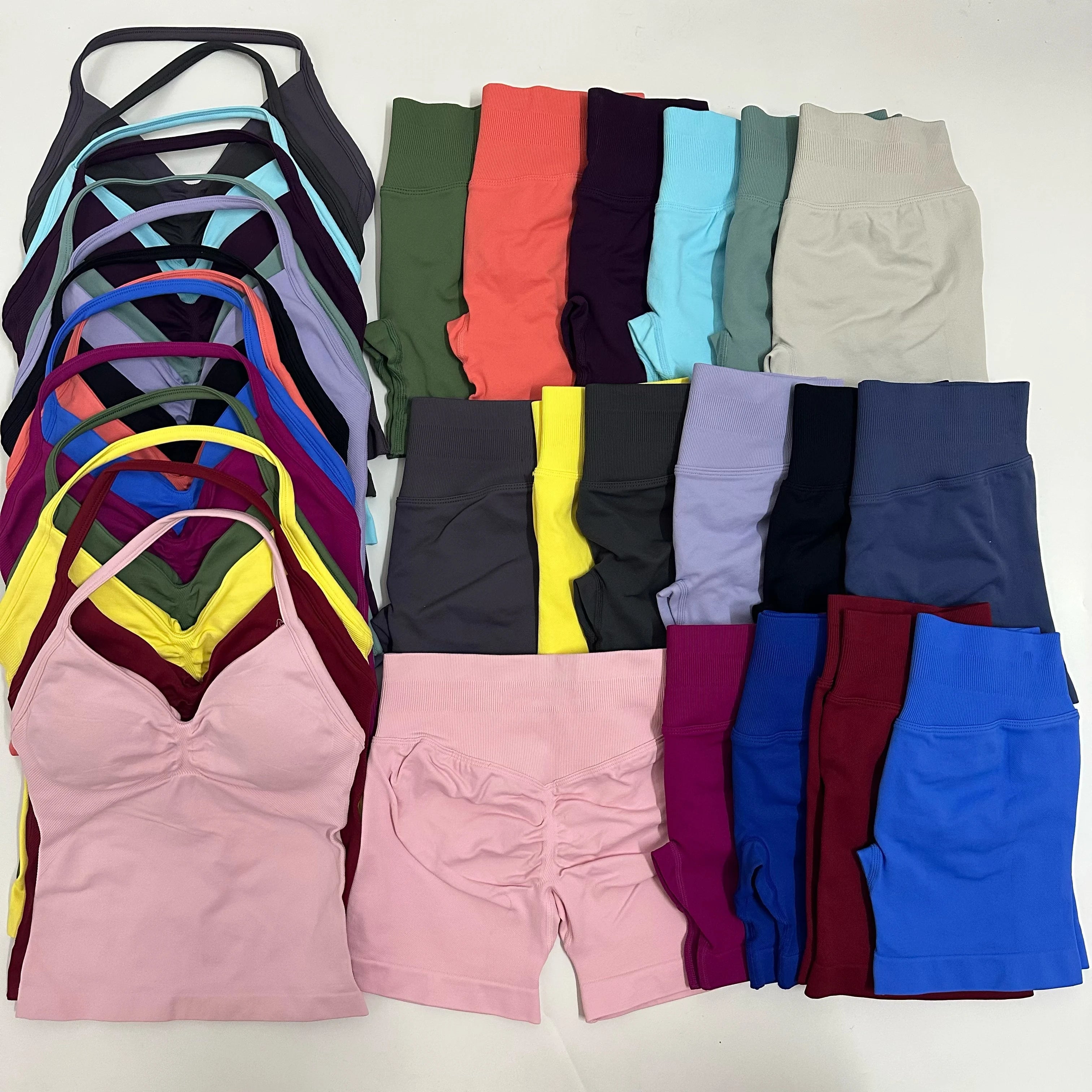 Seamless Yoga Set Women Strappy Tank Top Scrunch Shorts Gym Workout Outfit