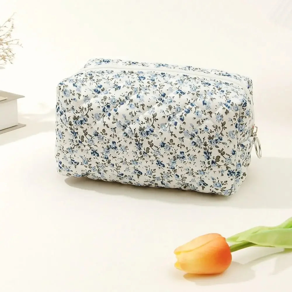 Floral Quilted Zipper Makeup Bag Cosmetic Storage Travel Organizer Pouch