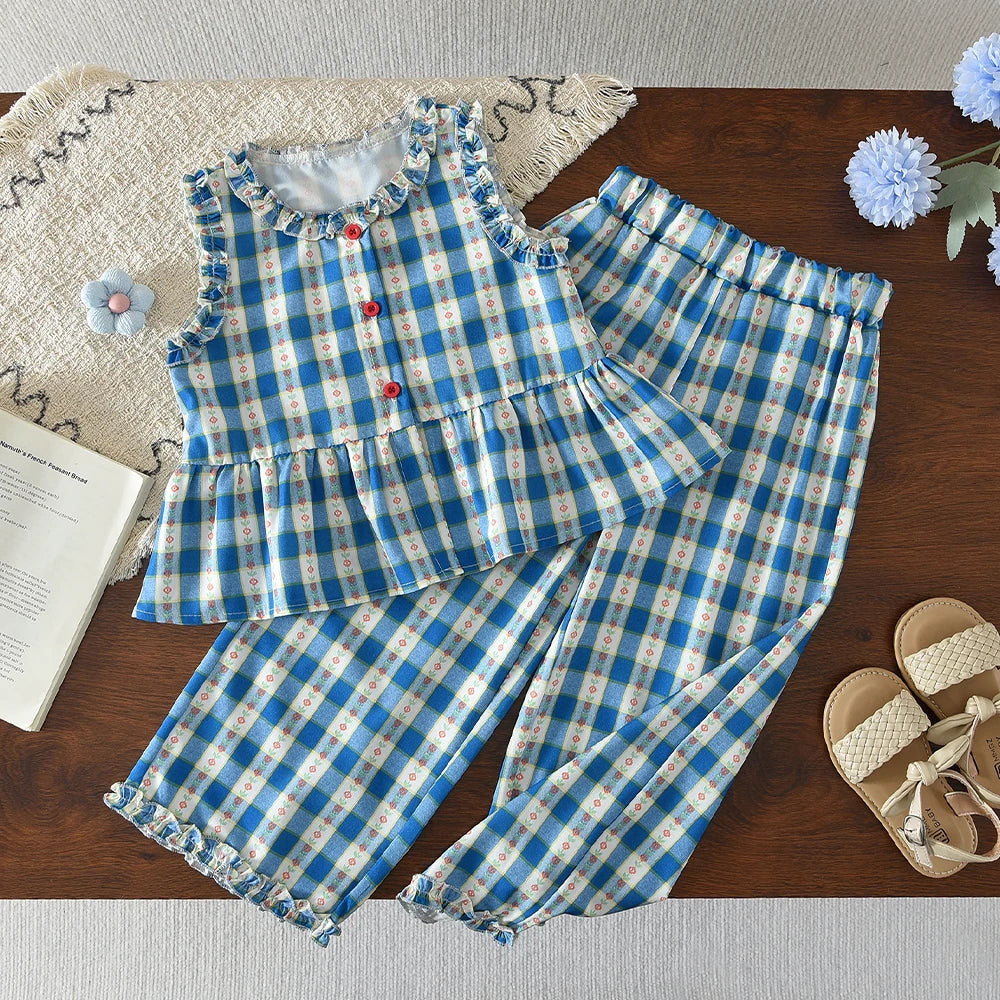 Girls Blue Denim Look Sleeveless Top and Wide Leg Pants Set