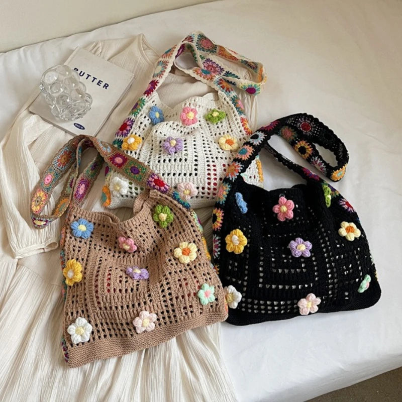 Women Boho Crochet Bag Knitted Floral Shoulder Tote Large Capacity Beach Woven Handbag