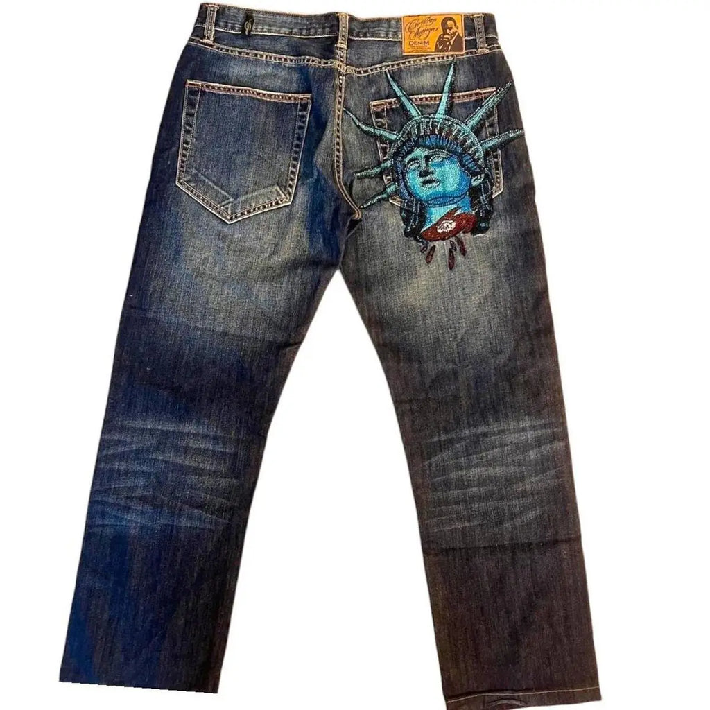Women Y2K Statue of Liberty Diamond Print High Waist Wide Leg Jeans Vintage Denim Pants