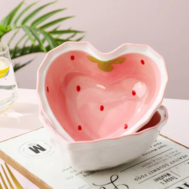 Strawberry Ceramic Ramen Bowl with Spoon Cute Anti Scald Instant Noodle Bowl