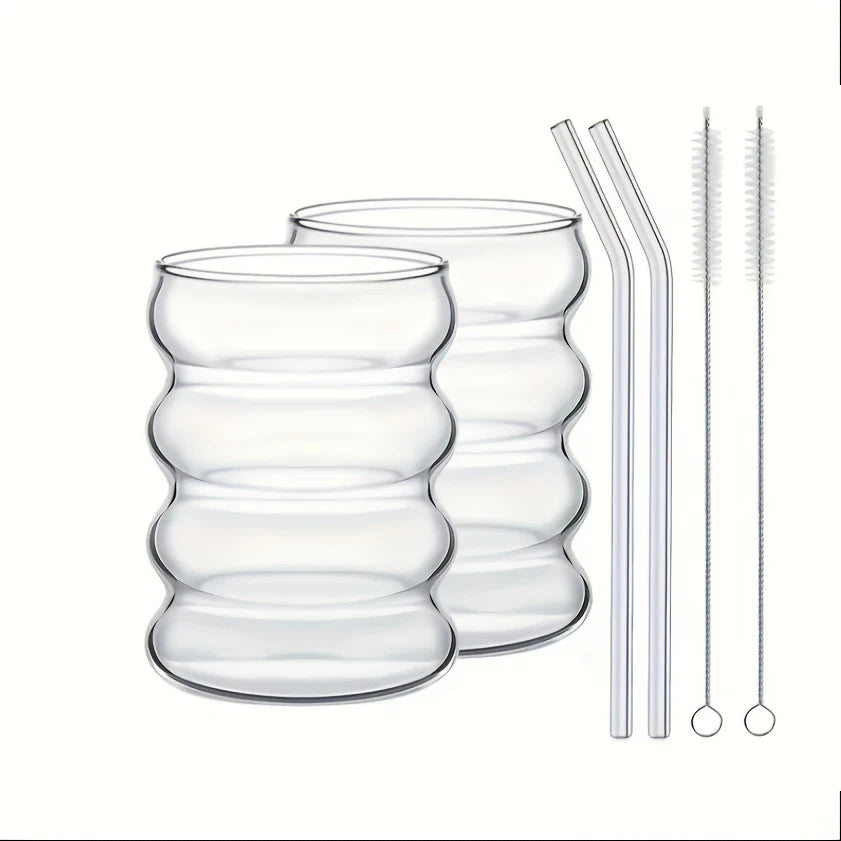 Borosilicate Glass Coffee Cups with Straw Vintage Ripple Design