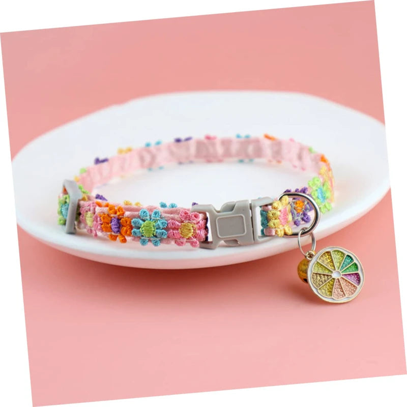 Rainbow Flower Cat Collar with Bell Adjustable Cute Lace Collar for Cats and Puppies
